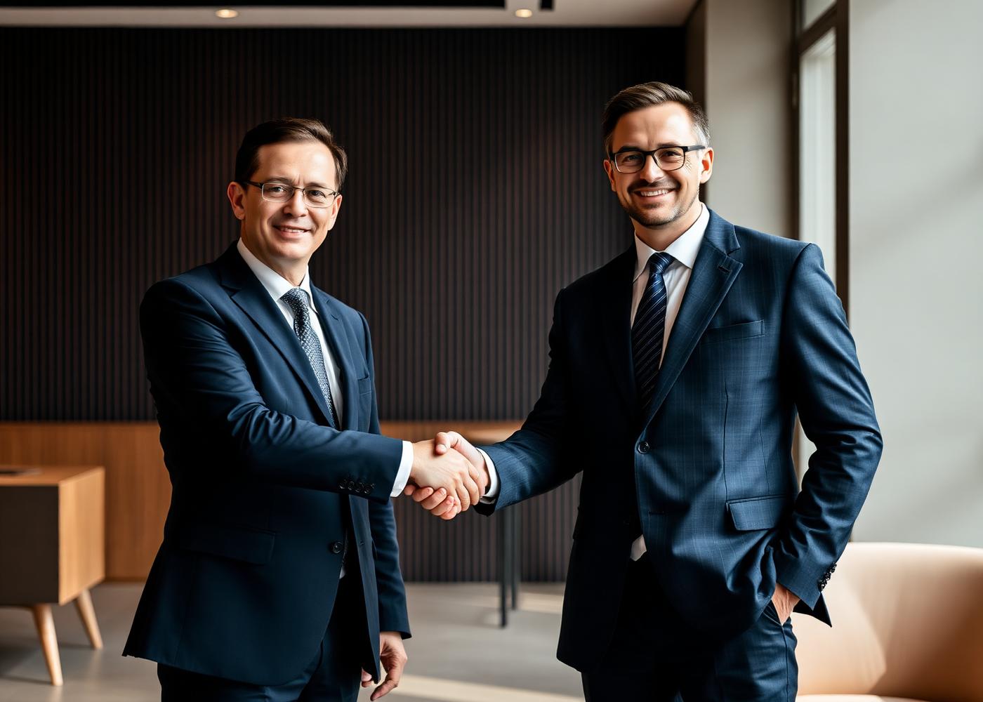 A quiet handshake exchange between two professionals in a boardroom, symbolizing long-term client relationships